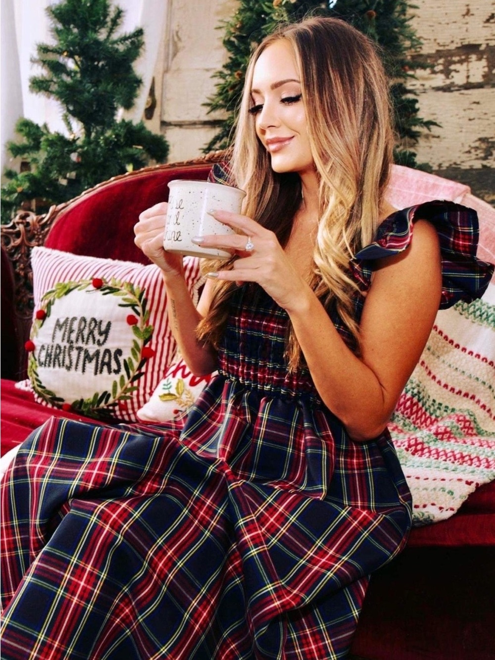 The Holly Dress by The Lucky Knot Plaid Smocked Ruffle-Sleeve Red + Navy